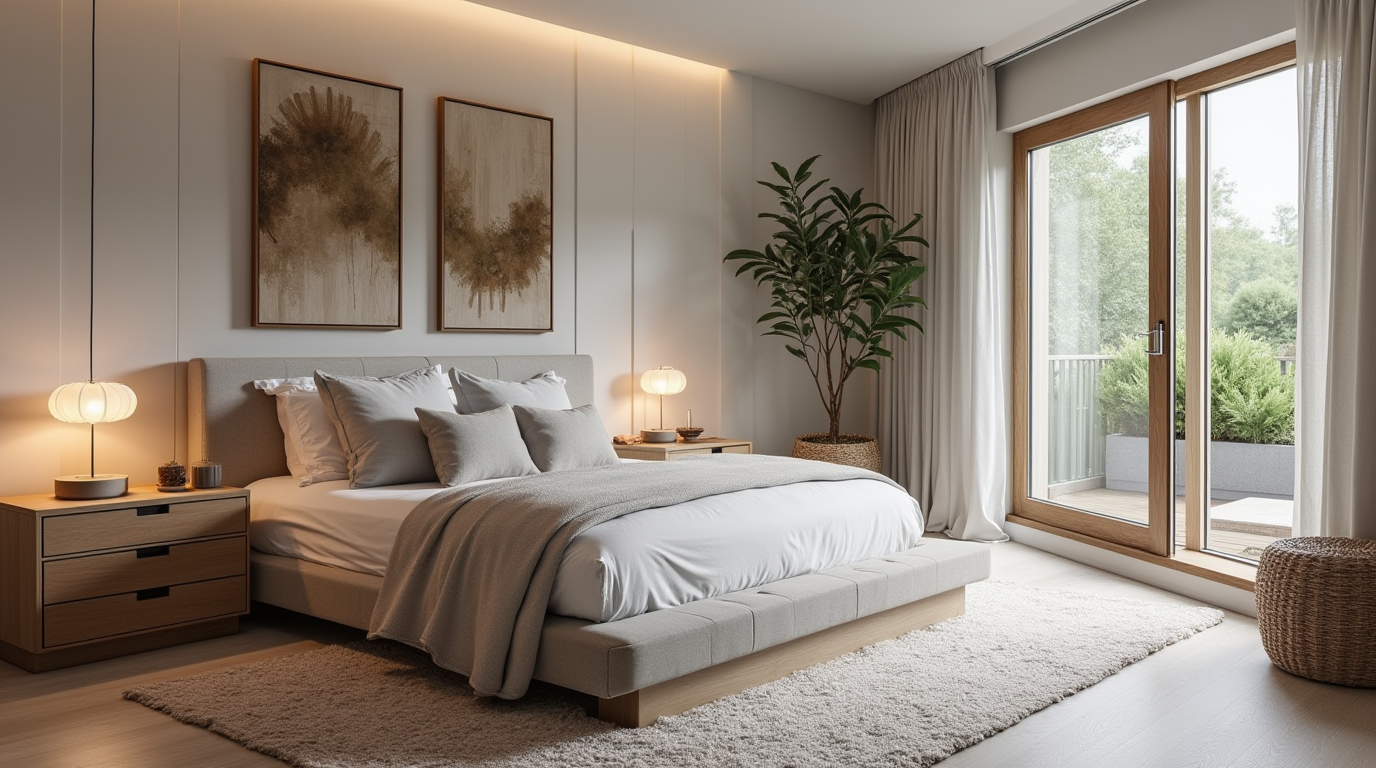 Modern Dutch Bedroom Interior Rendering Modern bedroom 3D rendering with low platform bed, bedside lamps, abstract paintings, potted plant, and glass balcony doors