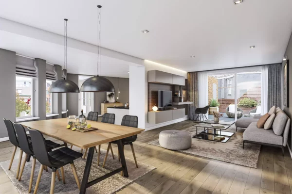 Artist impression of a Modern living with an open kitchen with wooden floor wooden dining table