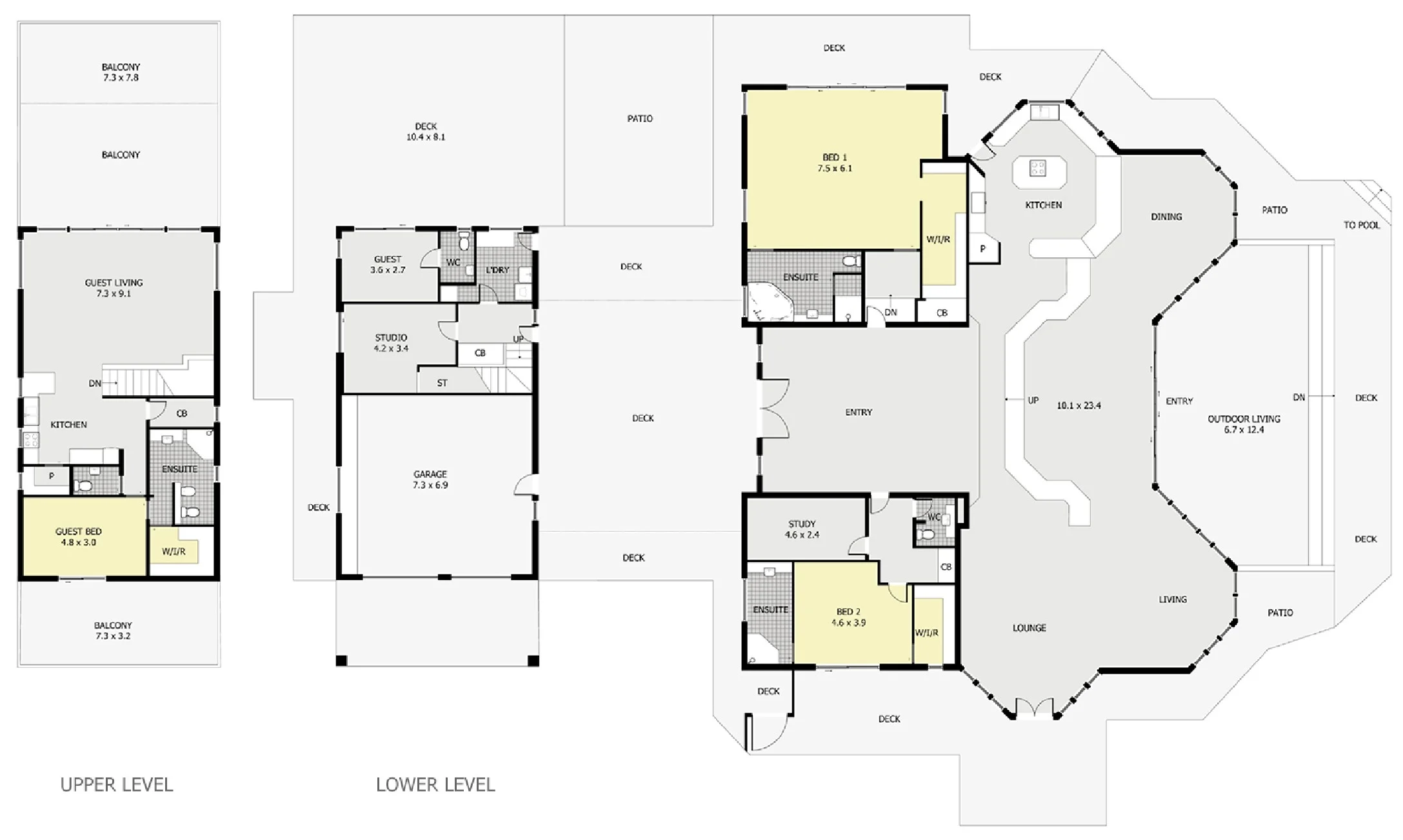 Interactive floor plan design of a house including upper level and lower level.