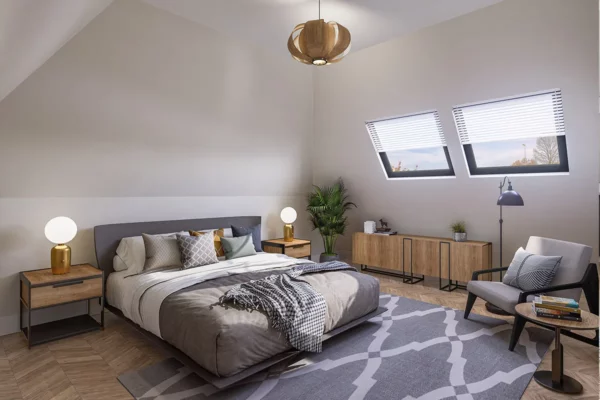 bedroom design in a daylight with lamps and chair