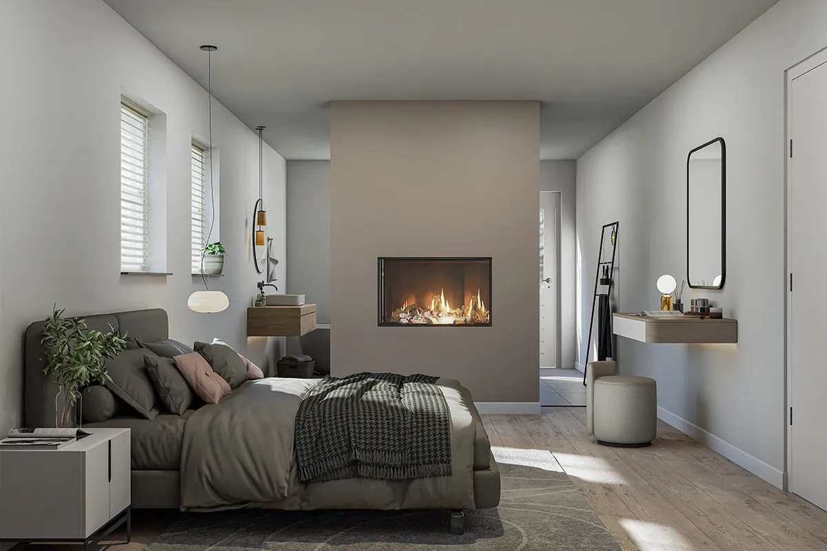modern looking master bedroom with fireplace
