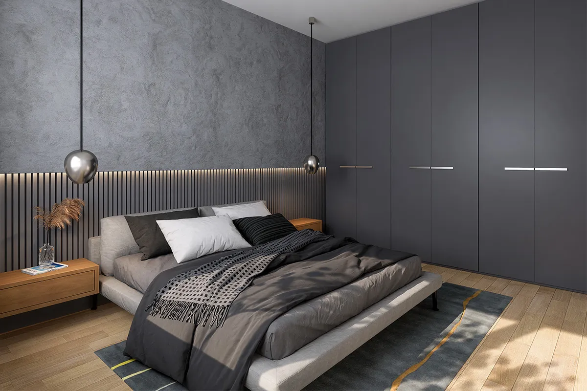 modern master bedroom design with cupboard