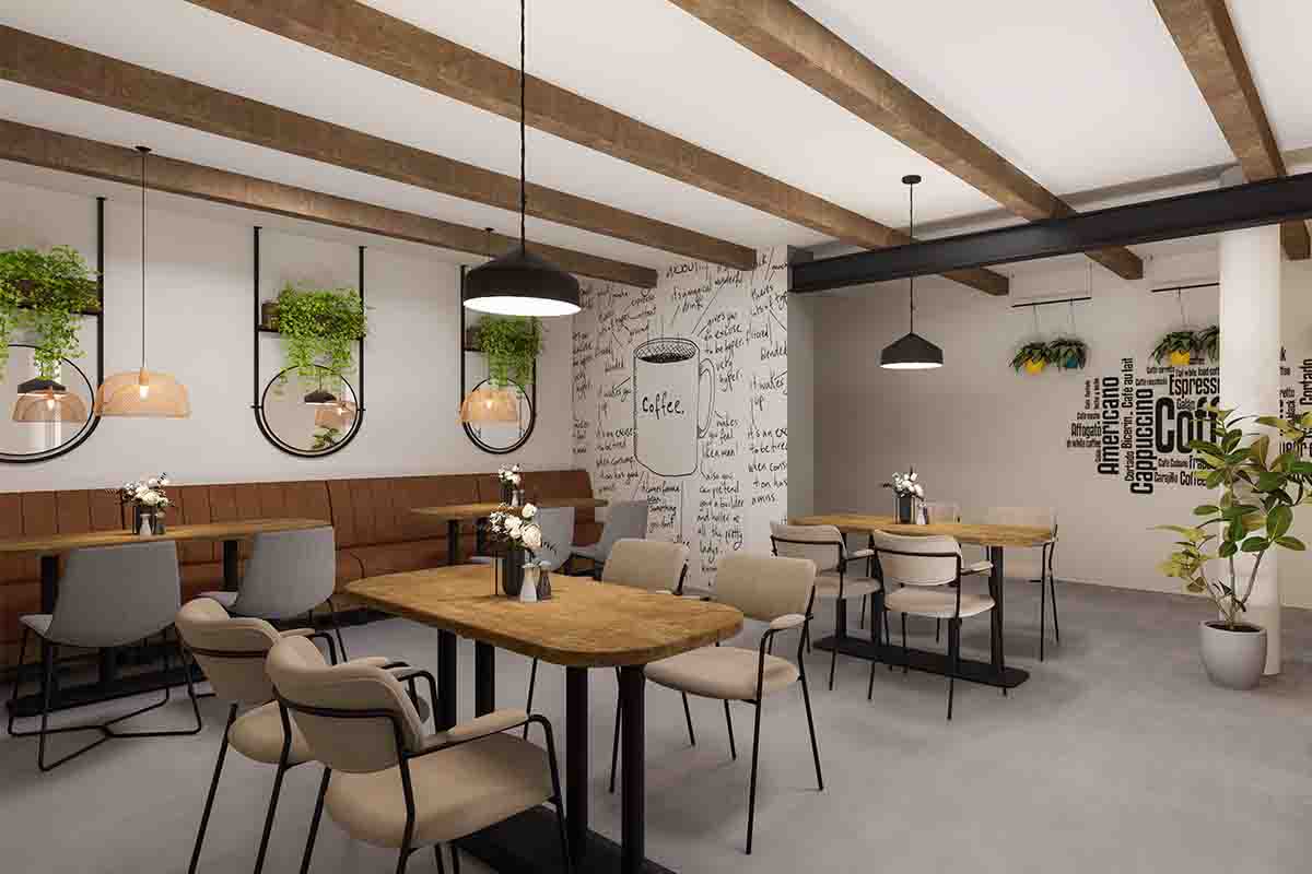 3D interior rendering of a restaurant interior