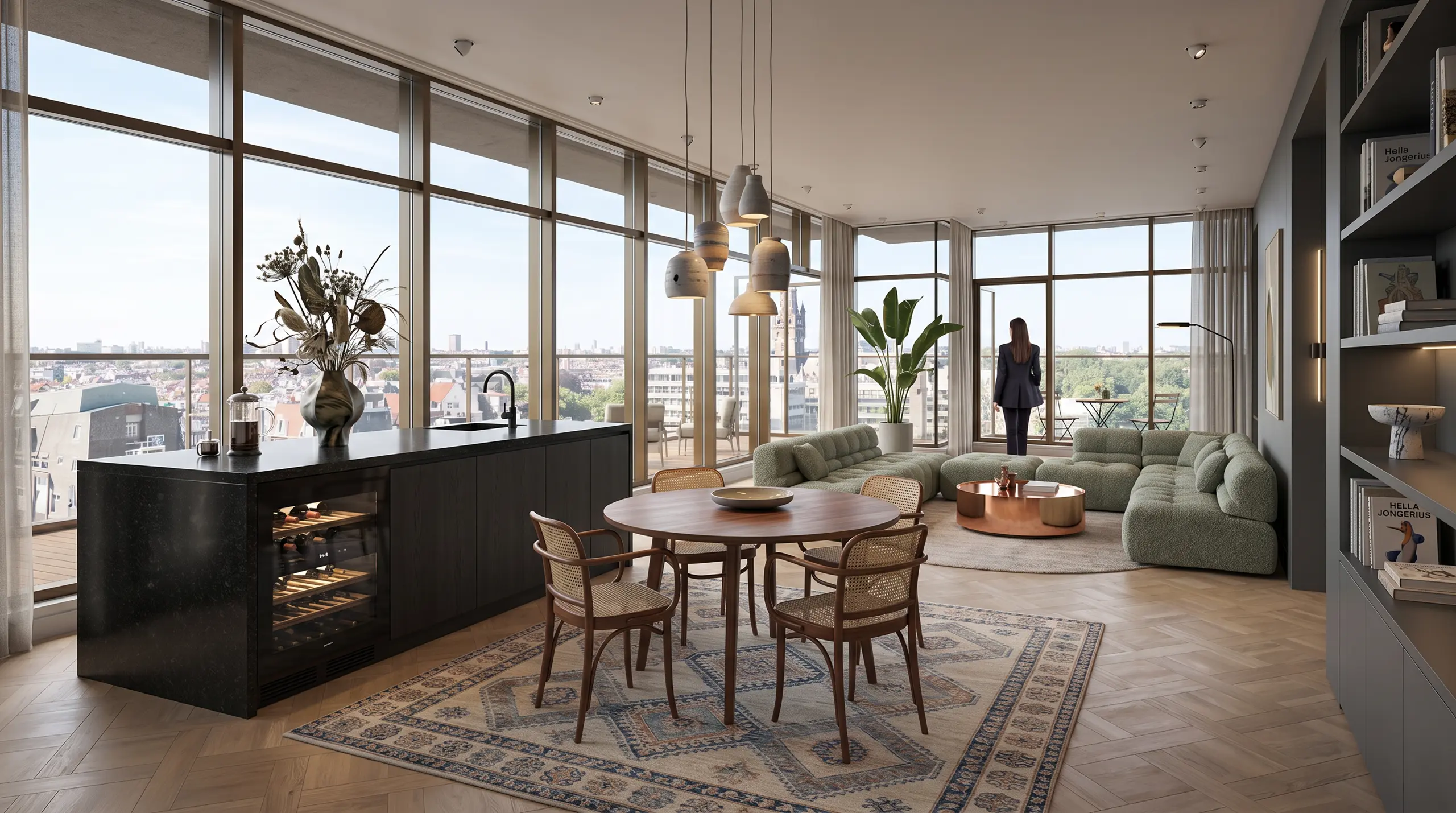 Open Plan Living Room Interior Rendering 3D interior rendering: open-plan living space with panoramic windows, plush green sofa, wooden dining set and black island