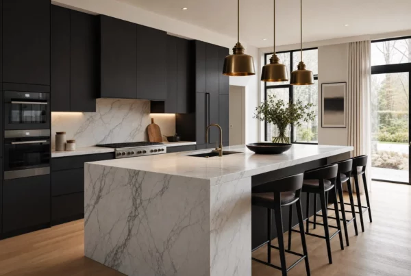 Photorealistic 3D interior rendering of a modern open-plan living room and kitchen with green cabinetry