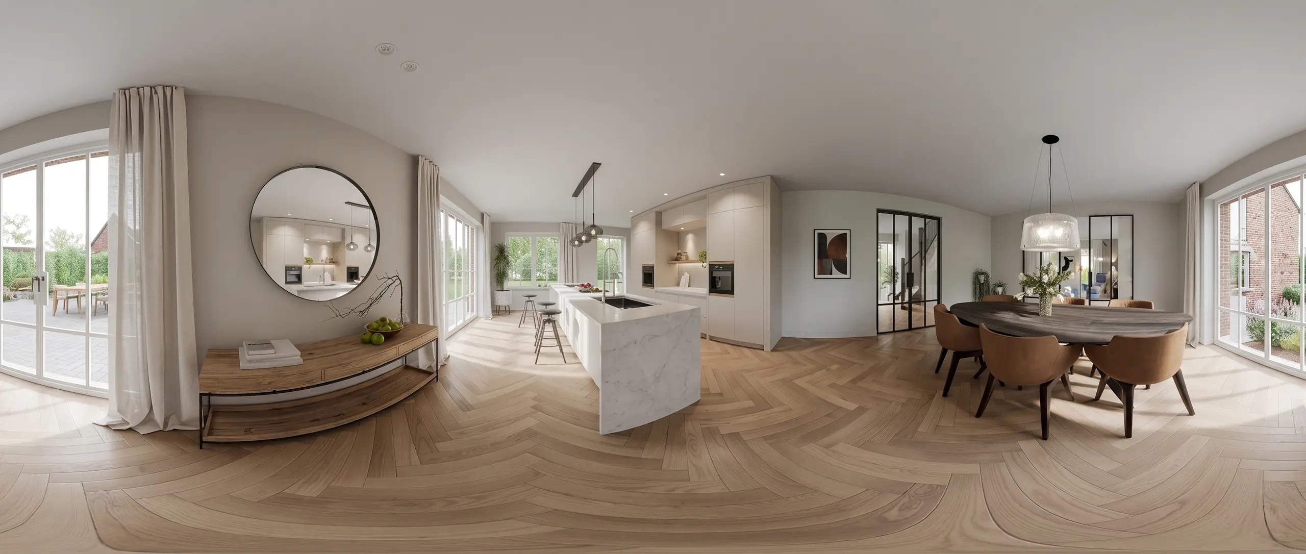 Open-plan kitchen and dining 3D render with marble island, pendant lights, wooden chevron floor and large glazing