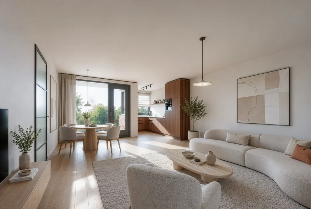 Photorealistic 3D interior rendering of a modern open-plan living room and kitchen with green cabinetry