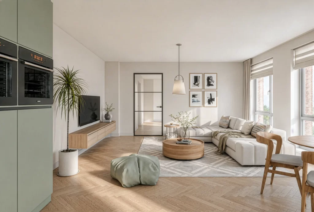 Photorealistic 3D interior rendering of a modern open-plan living room and kitchen with green cabinetry