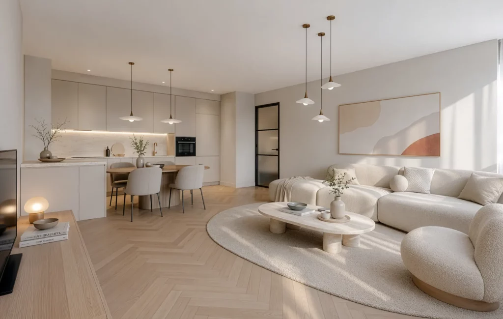 Photorealistic 3D interior rendering of a modern open-plan living room and kitchen with green cabinetry