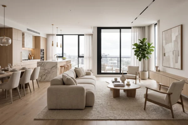 Open-plan 3D interior with marble island, wood cabinetry, dining area, neutral sofa and floor-to-ceiling balcony windows