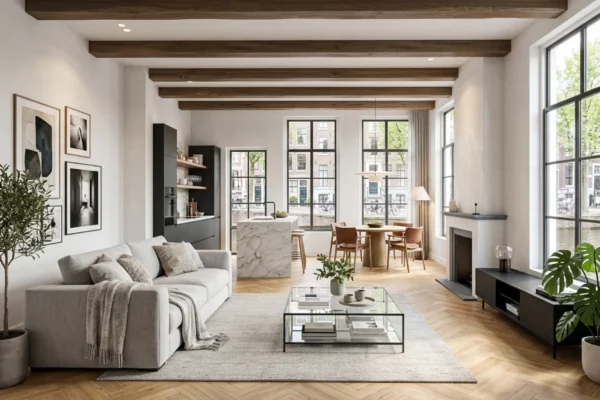 3D interior rendering showing living area, marble kitchen island, dining table, exposed beams and tall black-framed windows