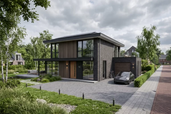 Photorealistic 3D exterior of a modern two-storey house with dark brick, timber panels, floor-to-ceiling windows and driveway