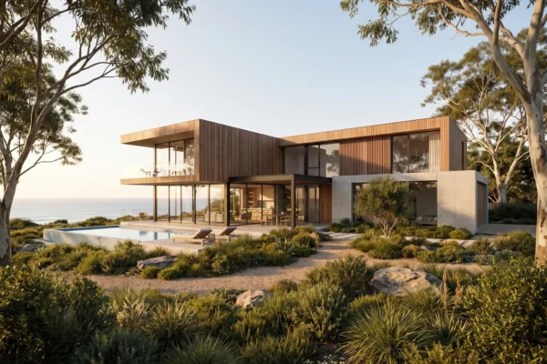 Coastal timber and glass house exterior, pool terrace, concrete base and native landscaping in a photorealistic 3D render
