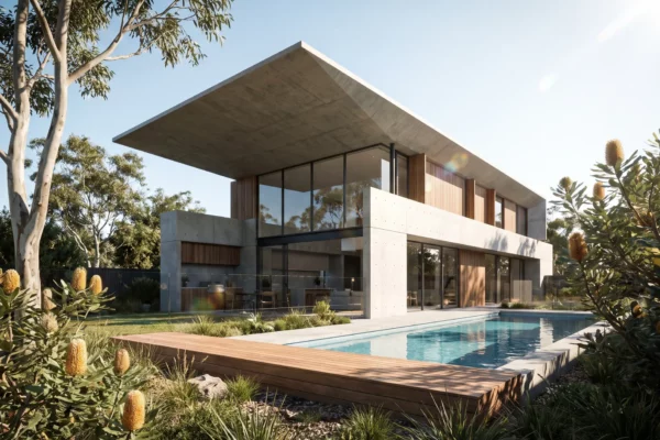 Photorealistic 3D exterior rendering of a modern concrete and timber house with glass walls, cantilevered roof and pool