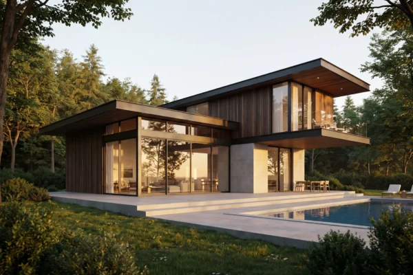 Photorealistic 3D exterior of a modern two-story wood-and-glass house with cantilevered roof, terrace and pool at dusk
