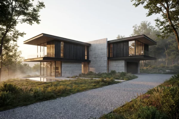 Contemporary 3D house with cantilevered dark timber wings, concrete core and large glass facades in landscaped woodland