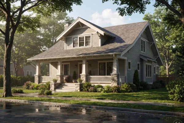 Craftsman-style 3D exterior rendering showing gray siding, gabled dormer, stone porch columns and manicured landscaping